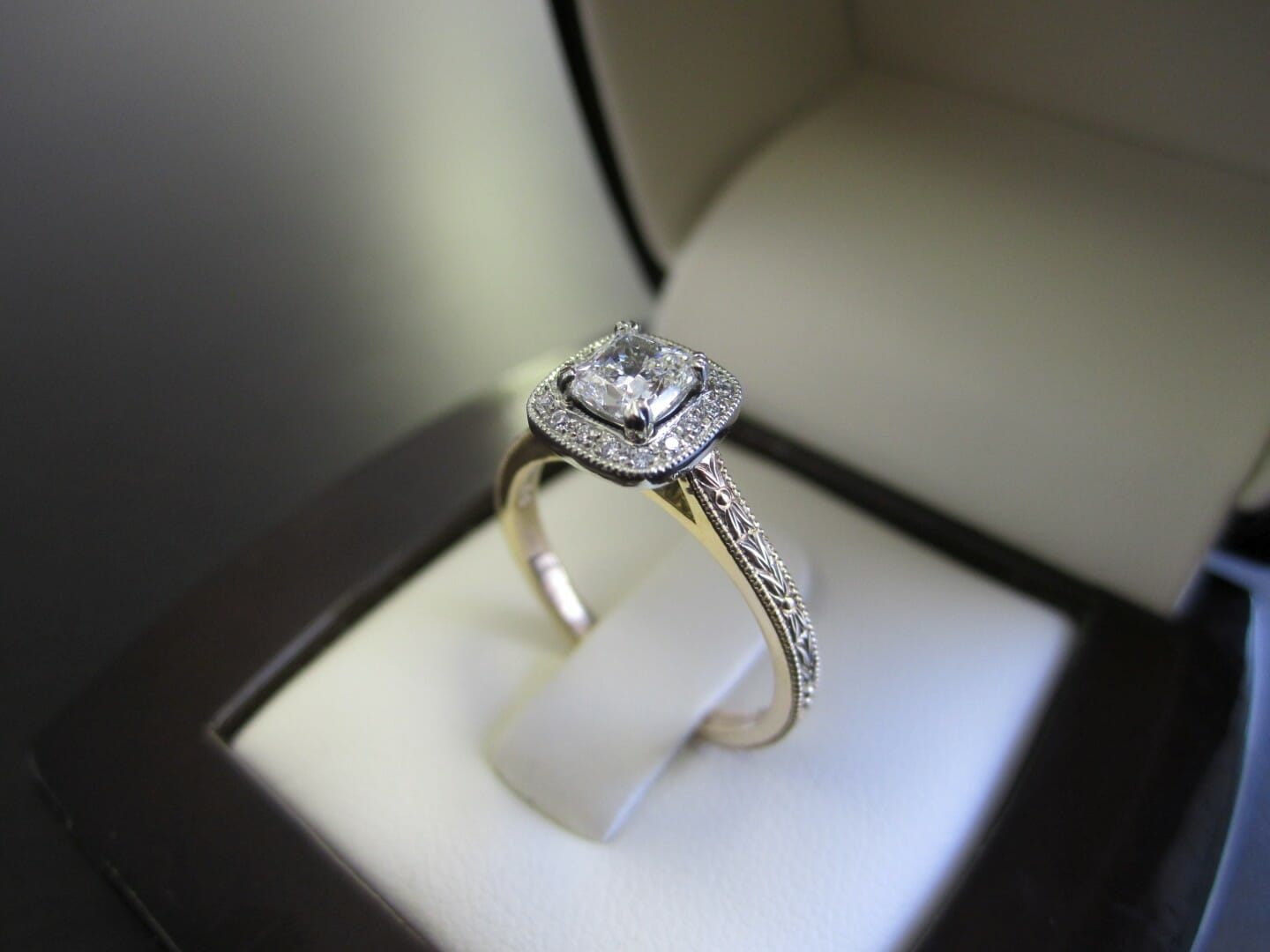 Picture of Custom Halo Engagement Ring with Hand Engraving and Two-Tone Yellow and White Gold